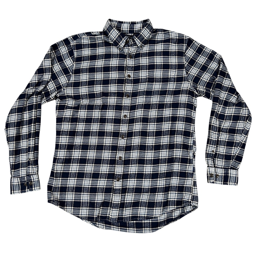 Lands End Mens Navy Blue White Plaid Flannel Button Down Shirt Long Sleeve Large